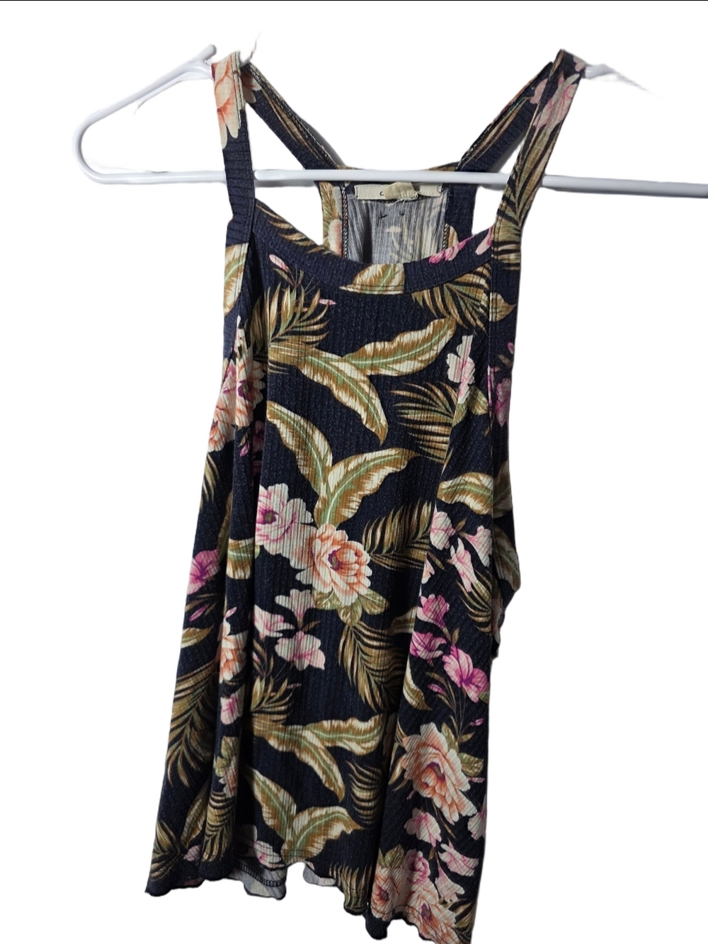 O'Neill Black Tank Top with Pink & Green Tropical Motif Large 90's Y2K Beach